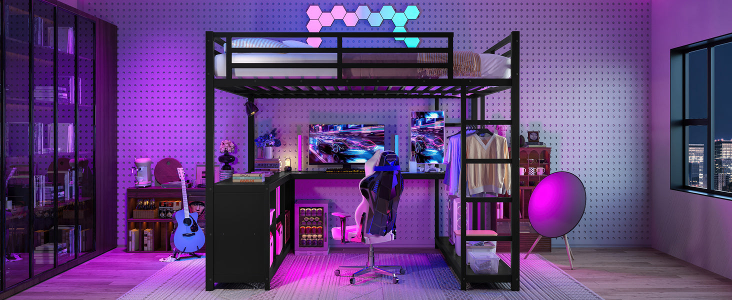 Metal Loft Bed with Wardrobe and L-shaped Desk, Queen Size Loft Bed with Storage Cubes and Shelves, Loft Bed for Kids Teens Adults, Black