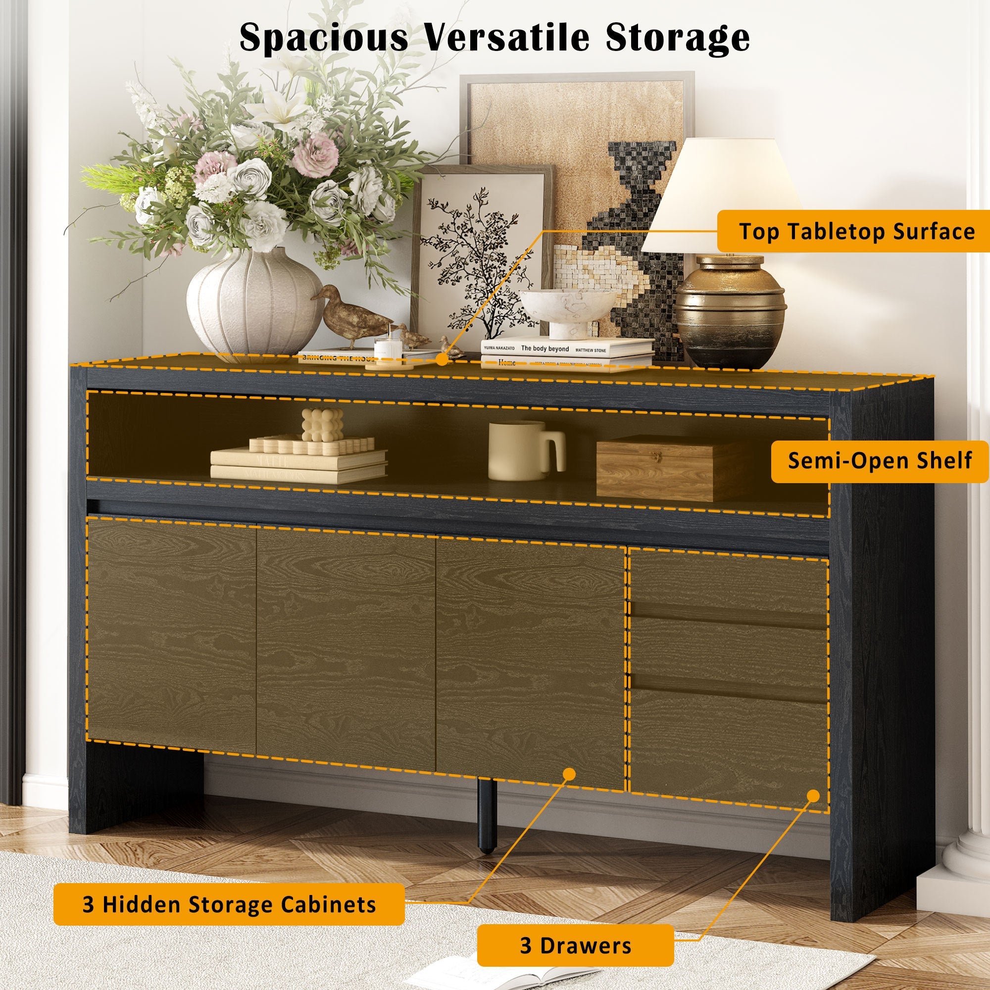 U_Style 60' 3-Door Sideboard with 3 Drawers - Modern Solid Ash Veneer MDF Sideboard, Semi-Open Shelf & Center Semi-Circular Cutout in Back Panel, Large Storage Cabinet for Living Room, Hallway, Dining
