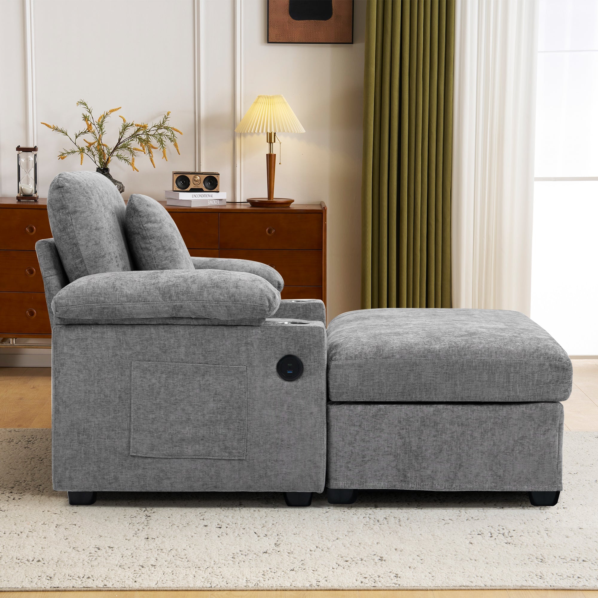 Modern Oversized Chair with Ottoman,Chenille Fabric Sofa Bed,Accent Chair Comfy Sofa with Cupholders and USB Charging Ports Chair for Living Room,Bedroom,Apartment