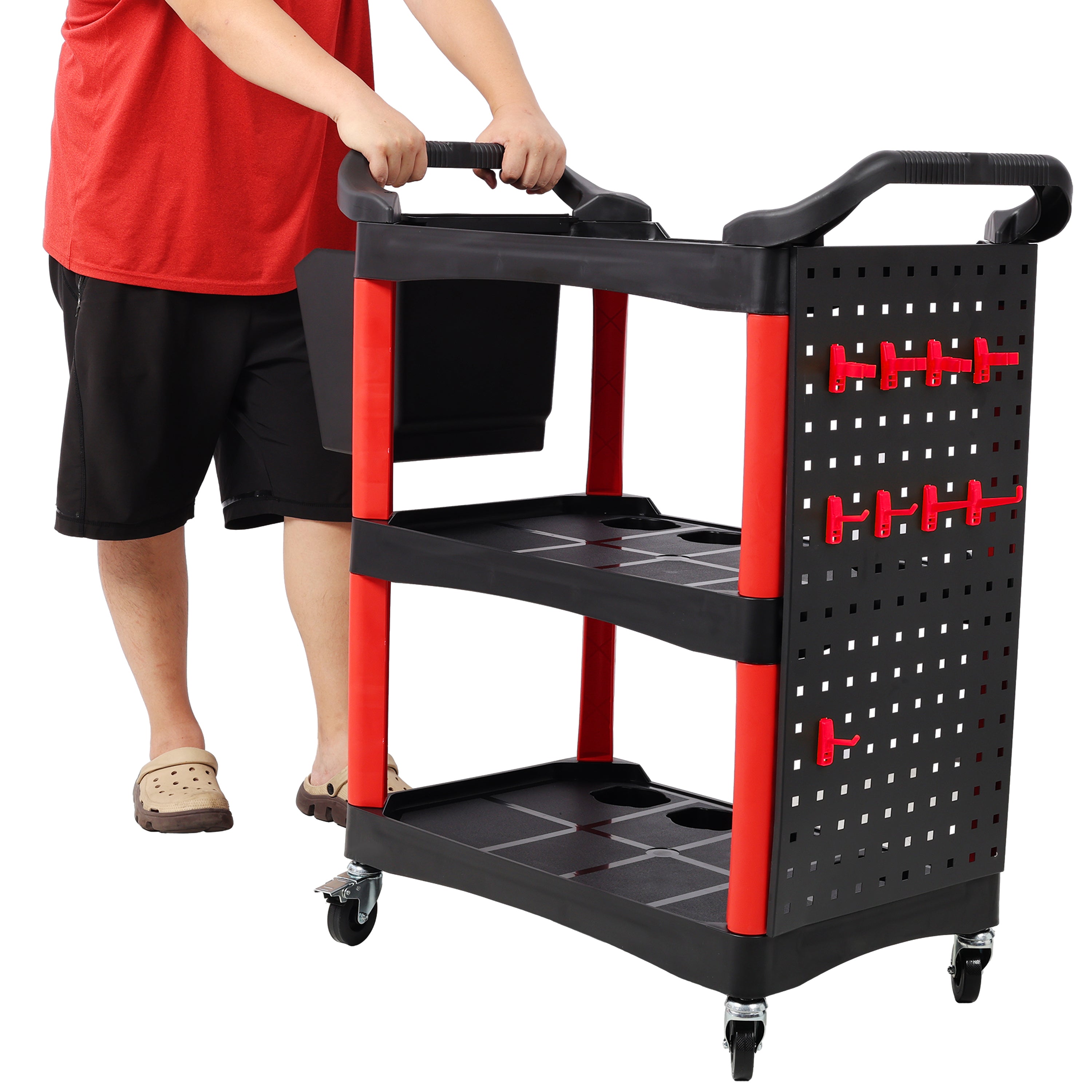 3 Tier Rolling Auto Detail Cart With Wheels,With Bucket & Panel & Hook,for Detailers Garage, Workshop, Repair Shop, Storage Tool,Red&Black