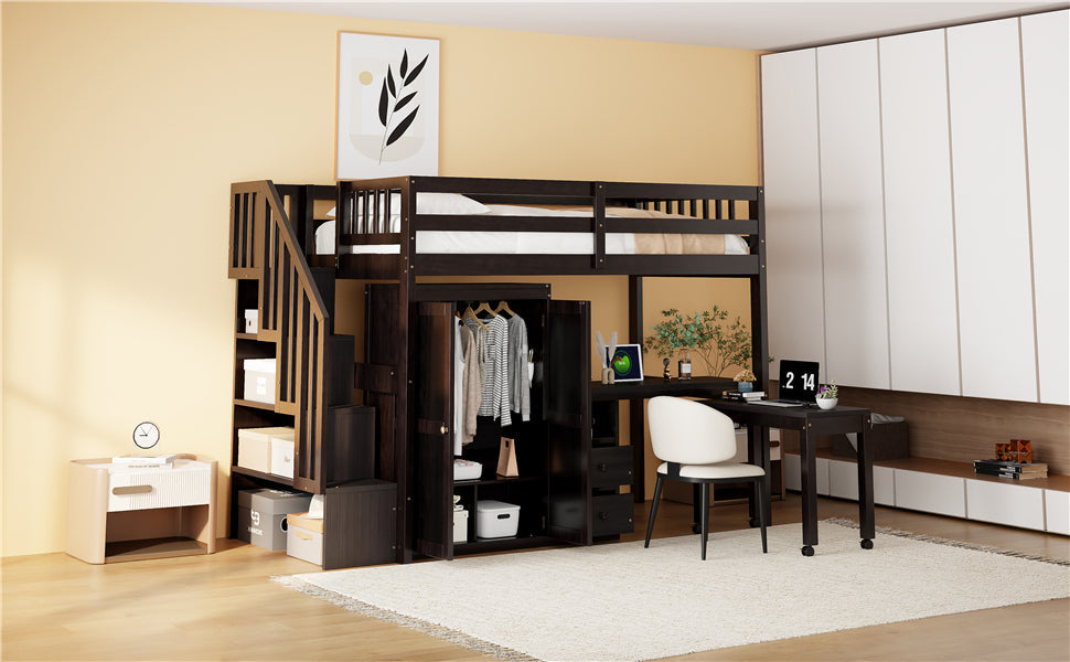 Twin Size Loft Bed with Stairs, Bookshelf, Drawers, Desk & Wardrobe – Space-Saving Multifunctional Furniture for Kids & Teens-Espresso