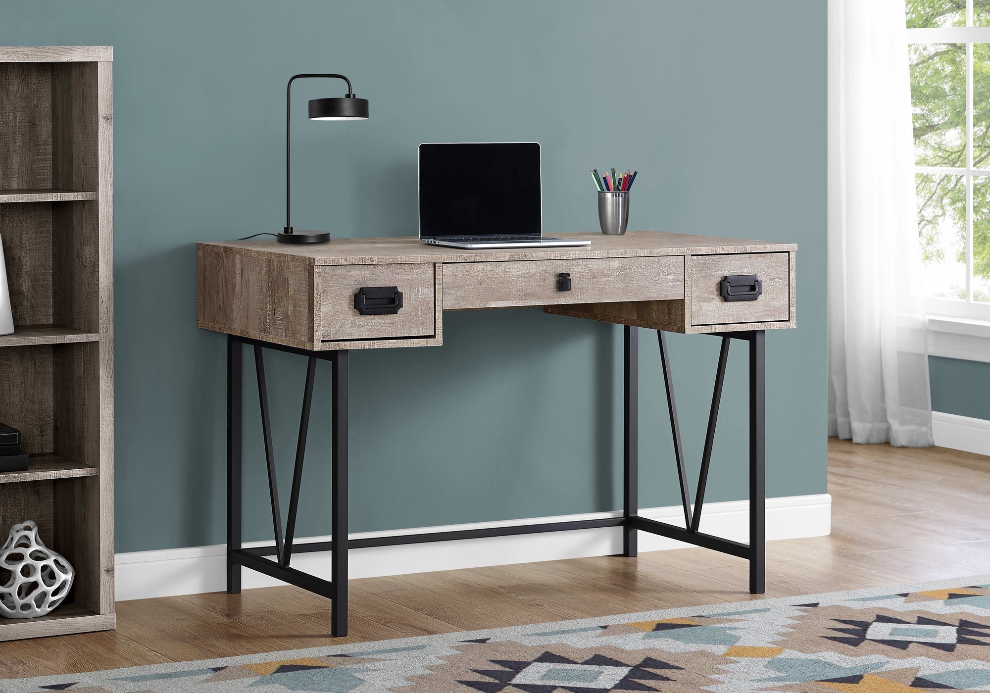 Computer Desk, Home Office, Laptop, Storage Drawers, 48'l, Work, Beige Laminate, Black Metal, Transitional