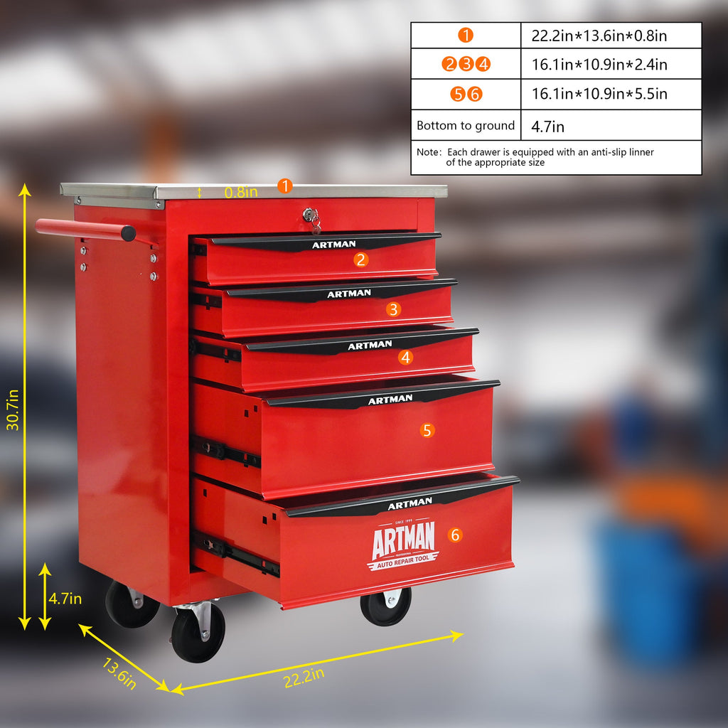 5 Drawers Multifunctional Tool Cart with Wheels,Metal Rolling Tool Cart Storage for Garage Workshop Warehouse Repair Shop--With Stainless Steel Roof--Red&Black