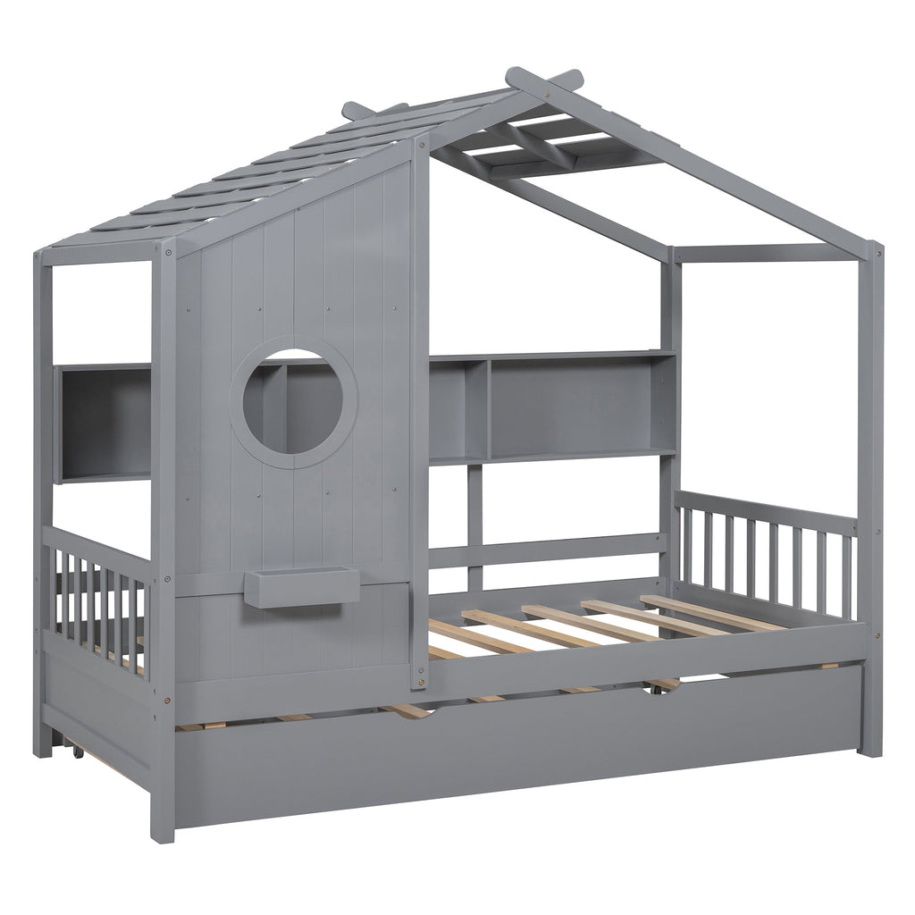 Wooden Twin Size House Bed With Trundle, Modern Design for Kids with Storage Shlef, Gray(old SKU HL000094AAE)