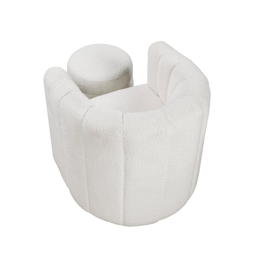 Modern Contemporary Swivel Chair with Ottoman White Boucle Fabric Upholstery Solid Wood Living Room Furniture