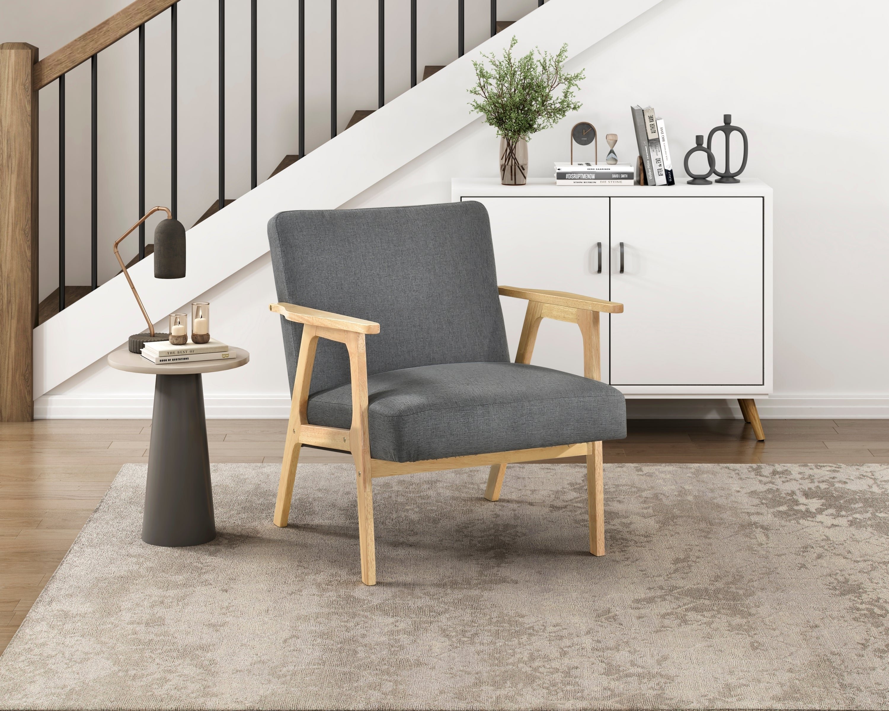 Modern Home Furniture Dark Gray Fabric Upholstery 1pc Accent Chair Solid Rubberwood Natural Finish Contemporary Cushion Seat