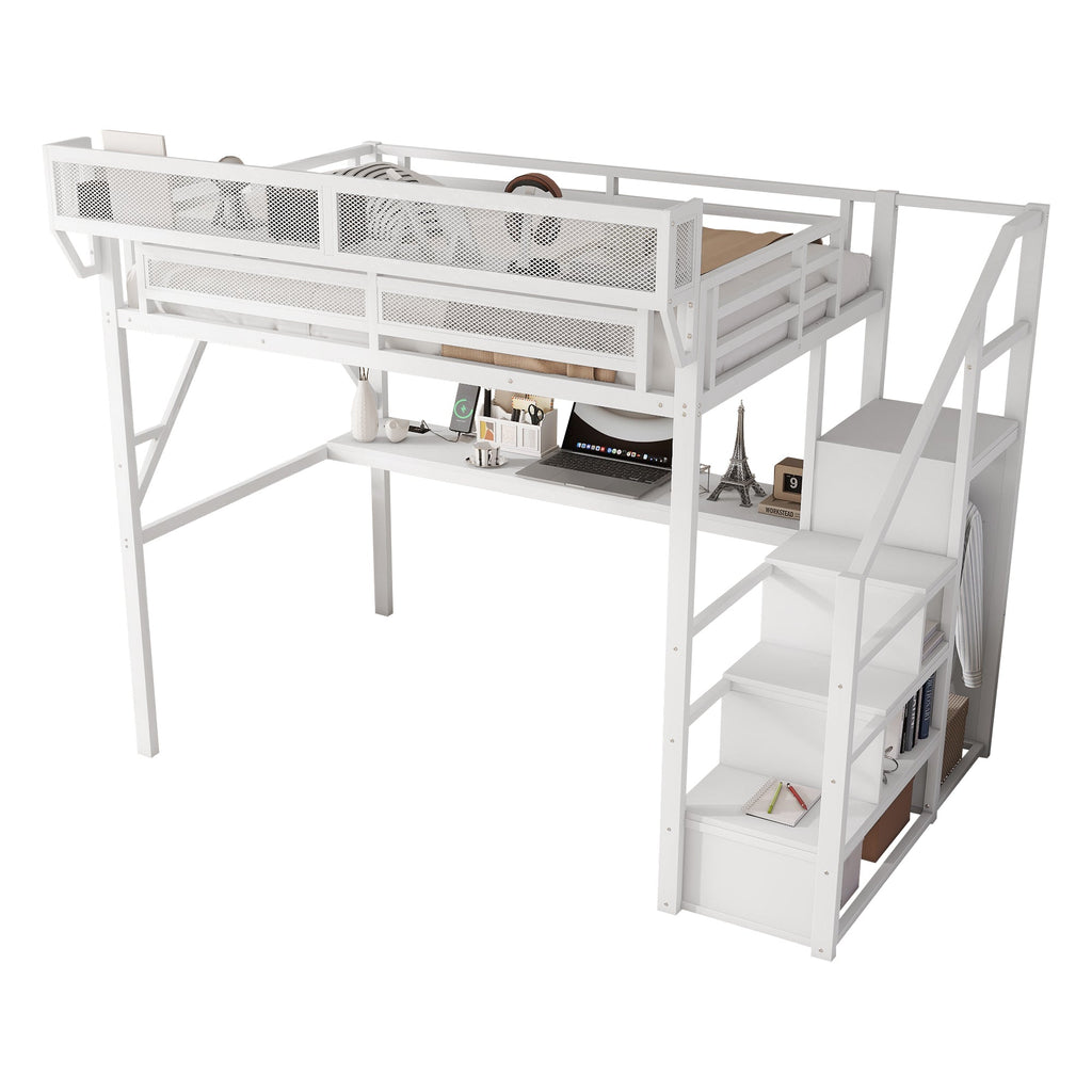 Full Loft Bed with Desk and Charging Station, Full Size Metal Loft Bed with Stairs and Light for Kids Teens,White OLD  SKU W2580S00046