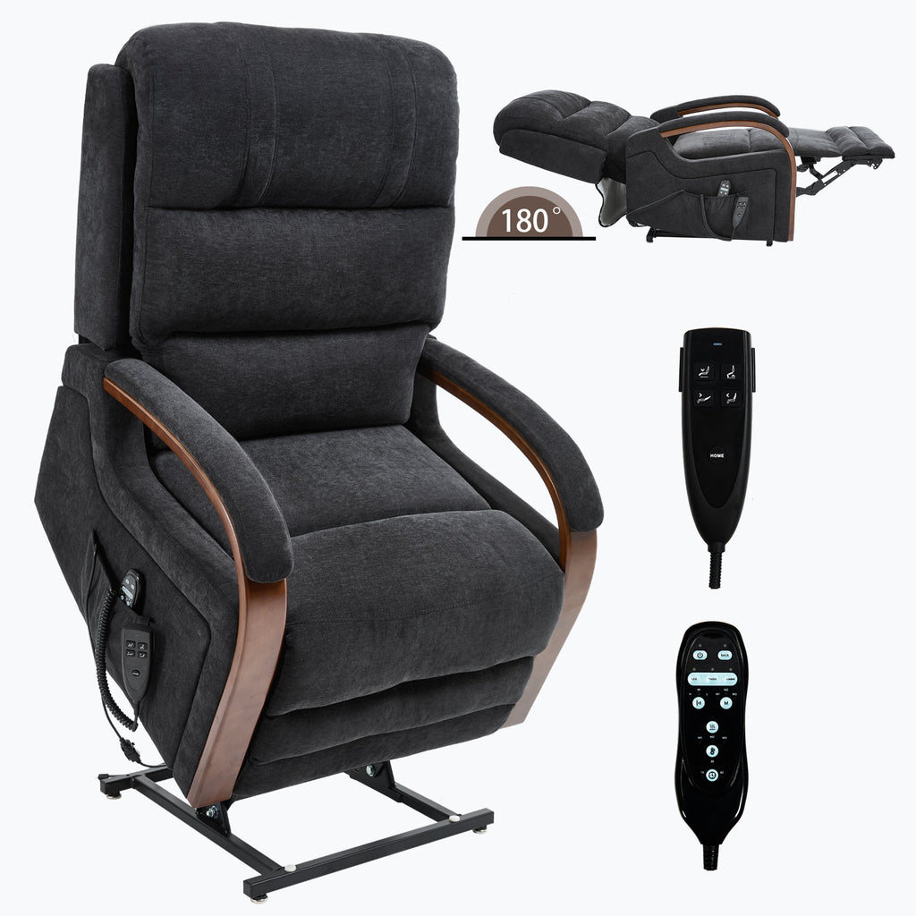 Power Black Chenille Lift Recliner Chair Dual Motor Infinite Position Up to 350 LBS with Solid Wood Armrests, Heat Massage and Heavy Duty Motion Mechanism