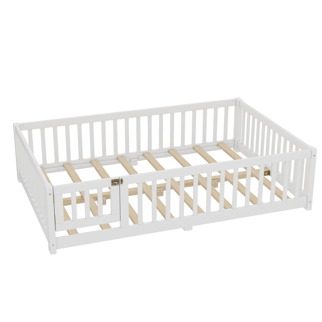 Full Size Bed Floor Bed with Safety Guardrails and Door for Kids, White(Old SKU: W1580P154625)