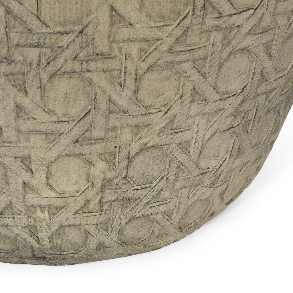 Bohemian Outdoor Lightweight Concrete Side Table with Cane Wicker Pattern, Antique Yellow, Magnesium Oxide, 17.50' x 17.50' x 19.75'
