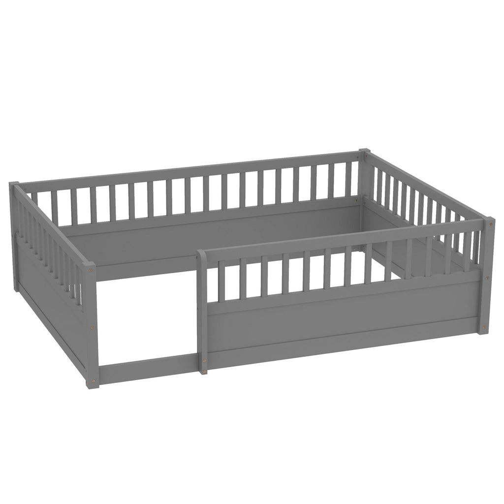 Full Floor Bed Frame with Fence, Montessori wooden children's floor bed,Wood Kids Floor Beds Frame for Bedroom Playroom,Gray