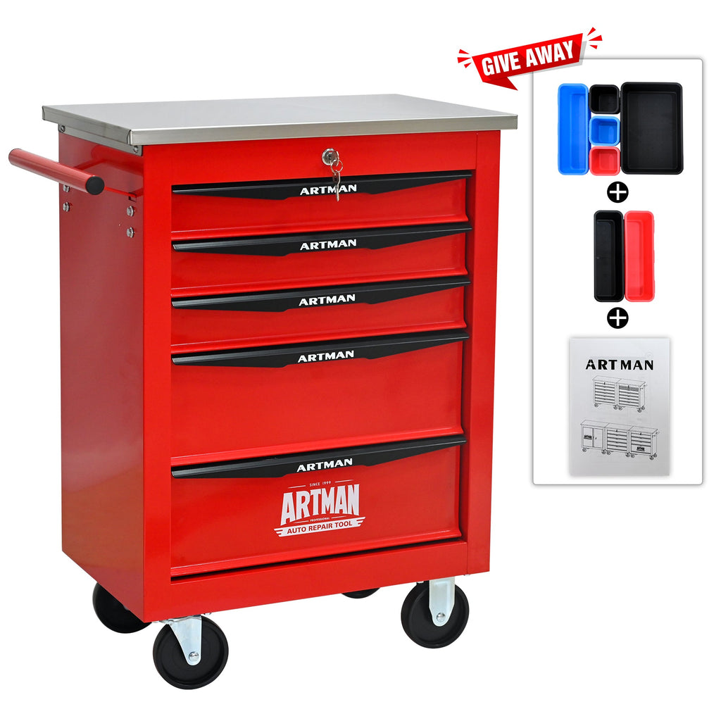 5 Drawers Multifunctional Tool Cart with Wheels,Metal Rolling Tool Cart Storage for Garage Workshop Warehouse Repair Shop--With Stainless Steel Roof--Red&Black