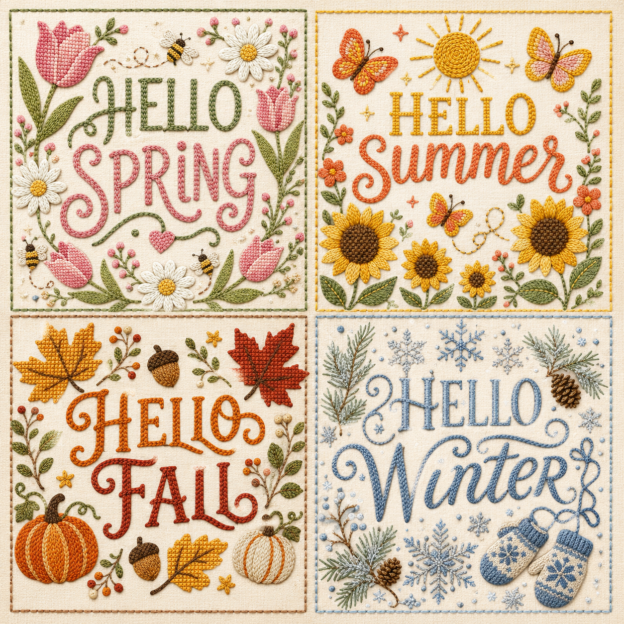 Hello Seasons PNG Bundle – Embroidered Spring, Summer, Fall & Winter Digital Download Set