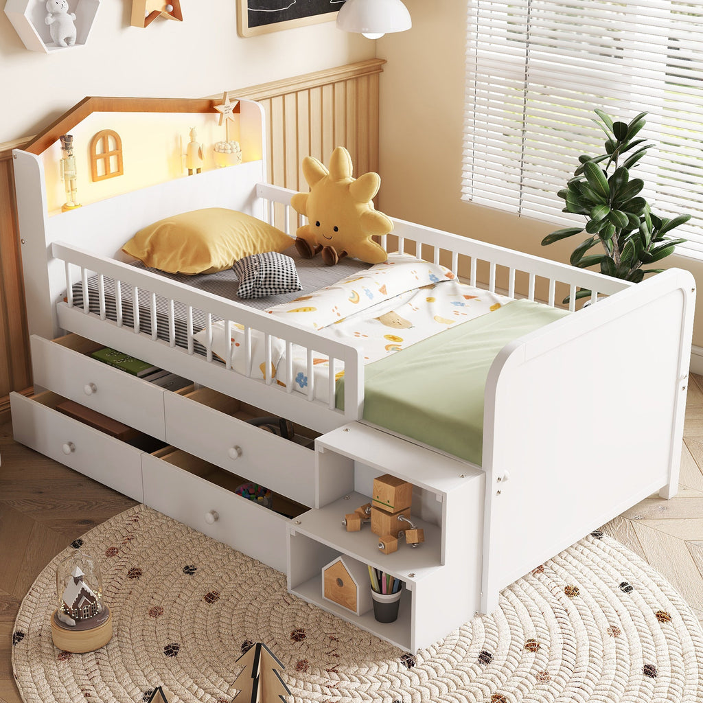 Low Loft Bed with LED Lights, Wooden Twin Loft Bed with House Shape Headboard, Kids Loft Bed with Storage Drawers, White (Expect Arrival Date 2025/1/20)