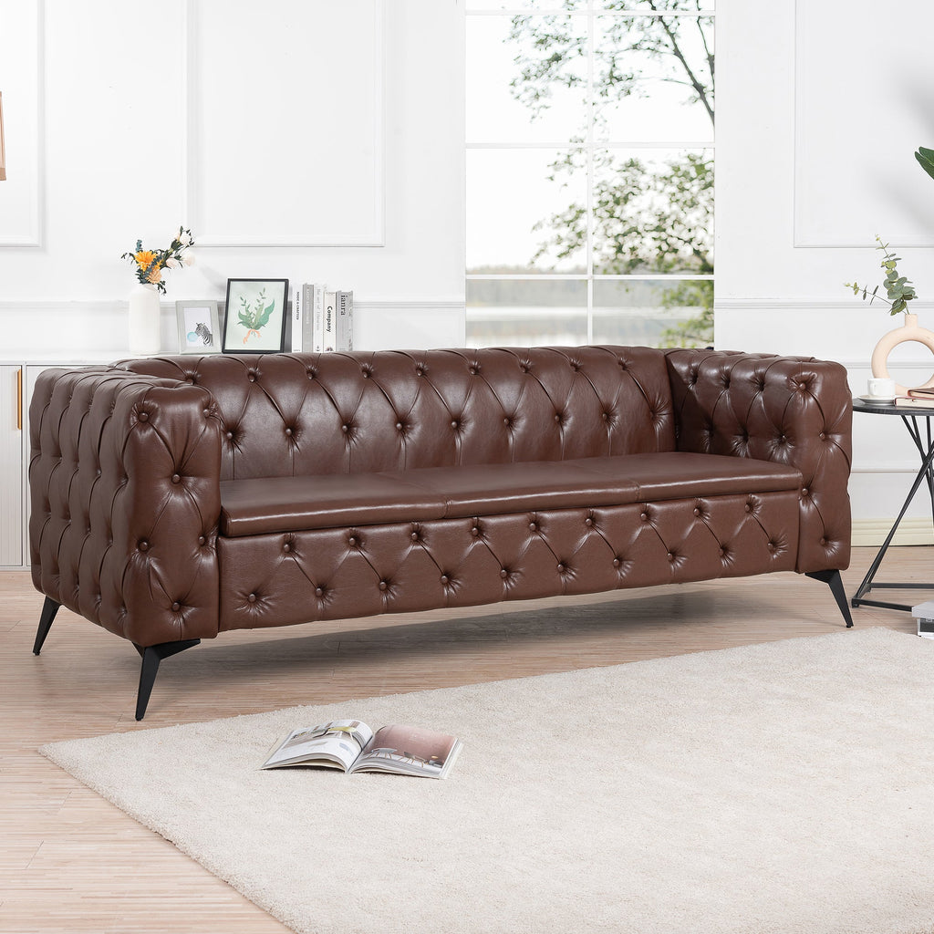 Traditional Square Arm 3-Seater Sofa with Removable Cushion, Dark Brown PU, 84.06 Inch