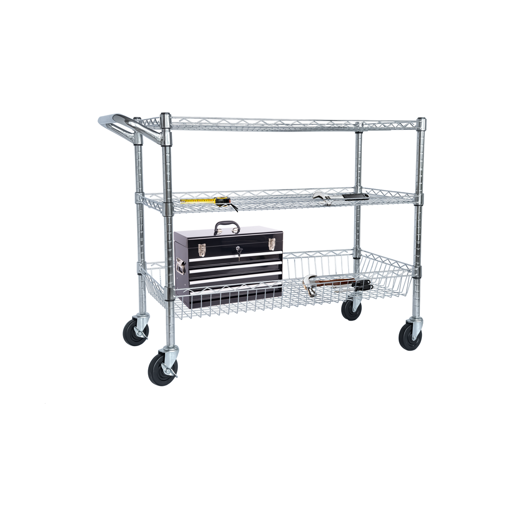 Heavy Duty Rolling Utility Cart,3 Tier Rolling Carts with Wheels,with Handle Bar & Shelf Liners,36'x18'x32'Storage Cart for Kitchen,Restaurant,Plant Display,Chrome