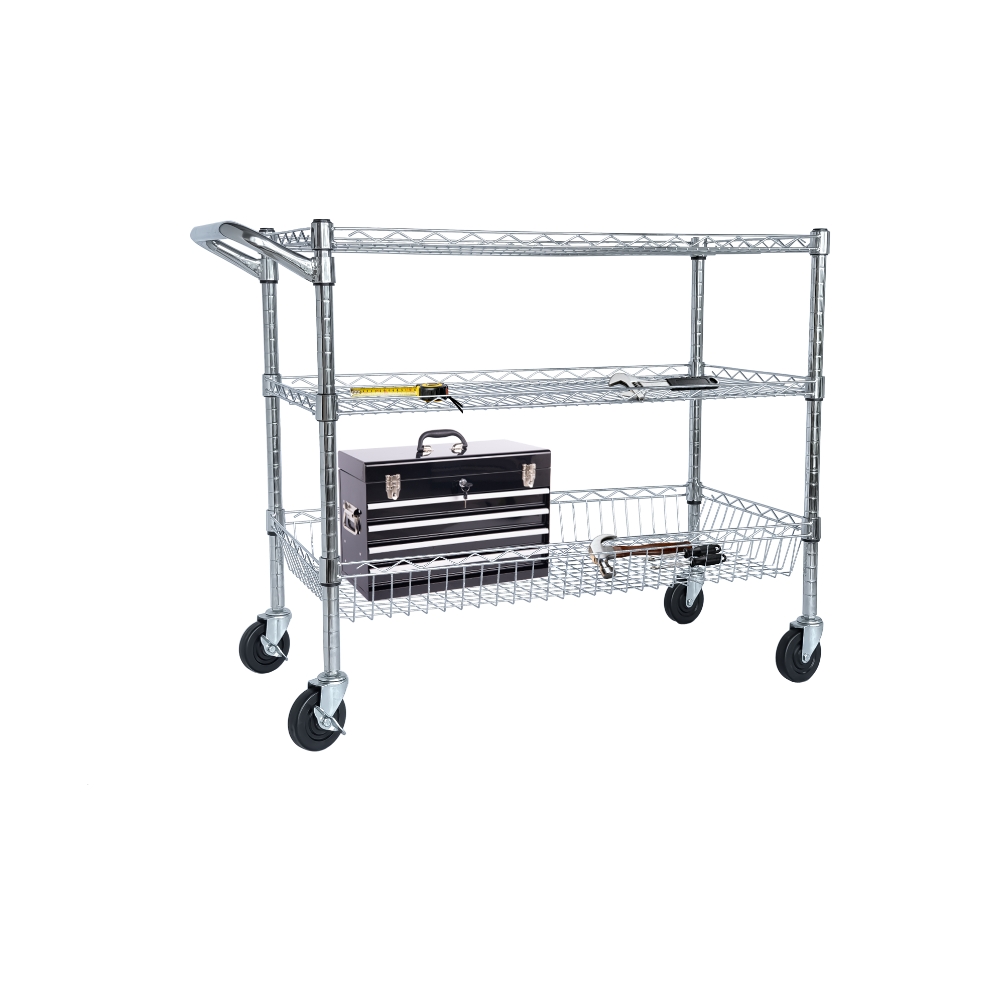 Heavy Duty Rolling Utility Cart,3 Tier Rolling Carts with Wheels,with Handle Bar & Shelf Liners,36'x18'x32'Storage Cart for Kitchen,Restaurant,Plant Display,Chrome