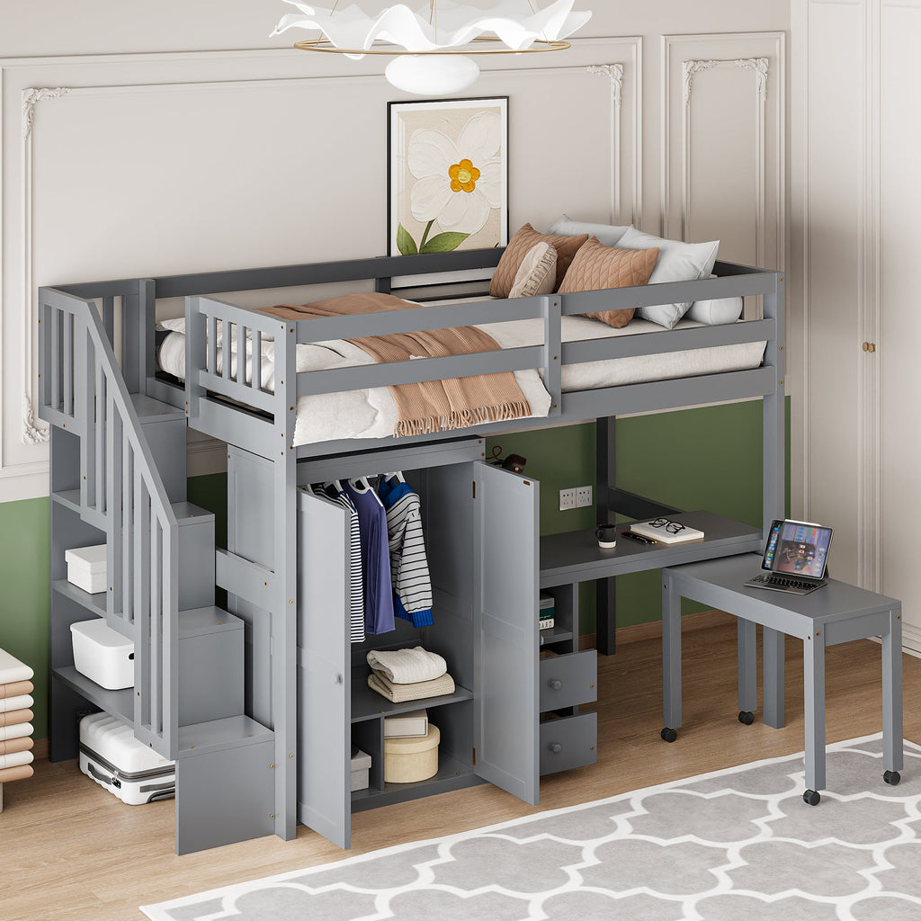 Twin Size Loft Bed with Stairs, Bookshelf, Drawers, Desk & Wardrobe – Space-Saving Multifunctional Furniture for Kids & Teens-Gray