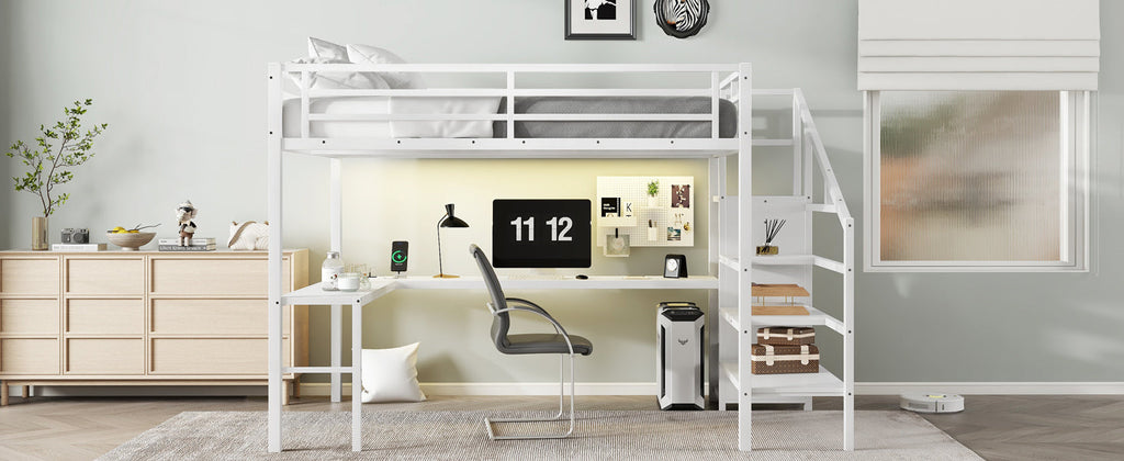 Queen Size Loft Bed with L-shaped Desk and USB, Metal Loft Bed with Wardrobe and Adjustable Shelf, High Loft Bed with LED for Kids Teens Adults, White