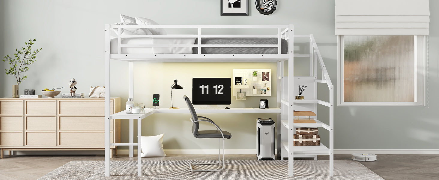 Queen Size Loft Bed with L-shaped Desk and USB, Metal Loft Bed with Wardrobe and Adjustable Shelf, High Loft Bed with LED for Kids Teens Adults, White