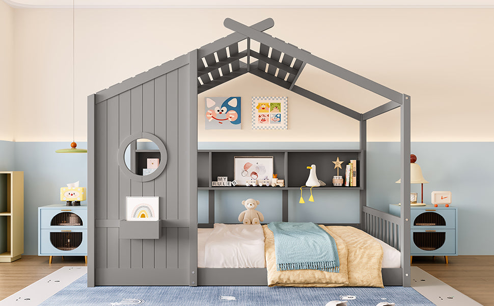 Full Size Floor House Bed for Toddler, Kids Montessori Bed  with Storage Shelf, Playhouse Bed with Roof Design, Gray
