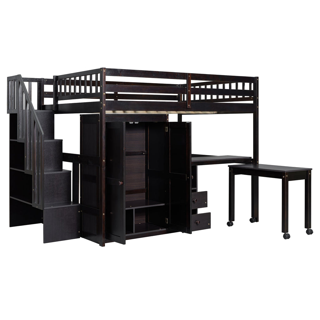 Full Size Loft Bed with Stairs, Bookshelf, Drawers, Desk & Wardrobe – Space-Saving Multifunctional Furniture for Kids & Teens-Espresso