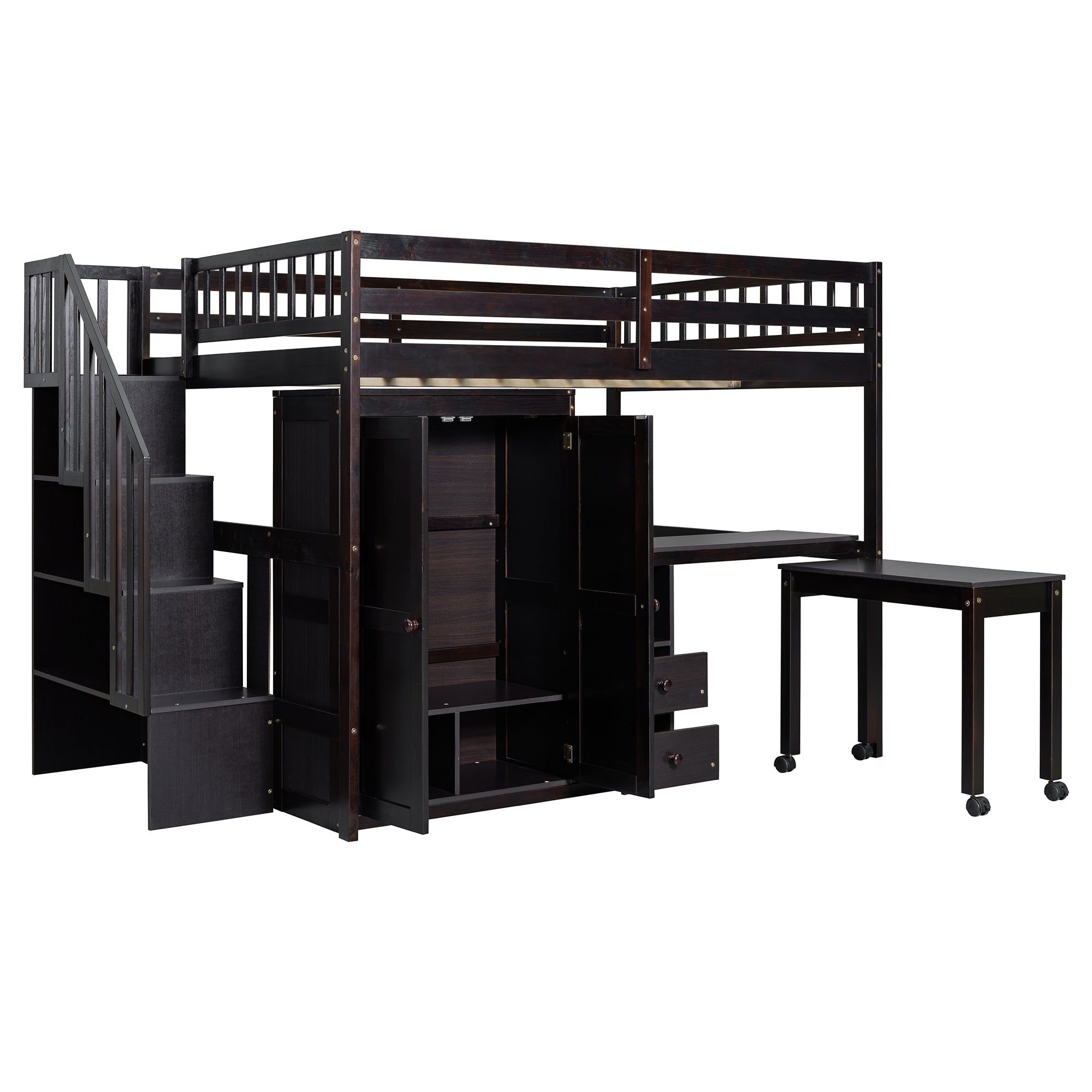 Full Size Loft Bed with Stairs, Bookshelf, Drawers, Desk & Wardrobe – Space-Saving Multifunctional Furniture for Kids & Teens-Espresso
