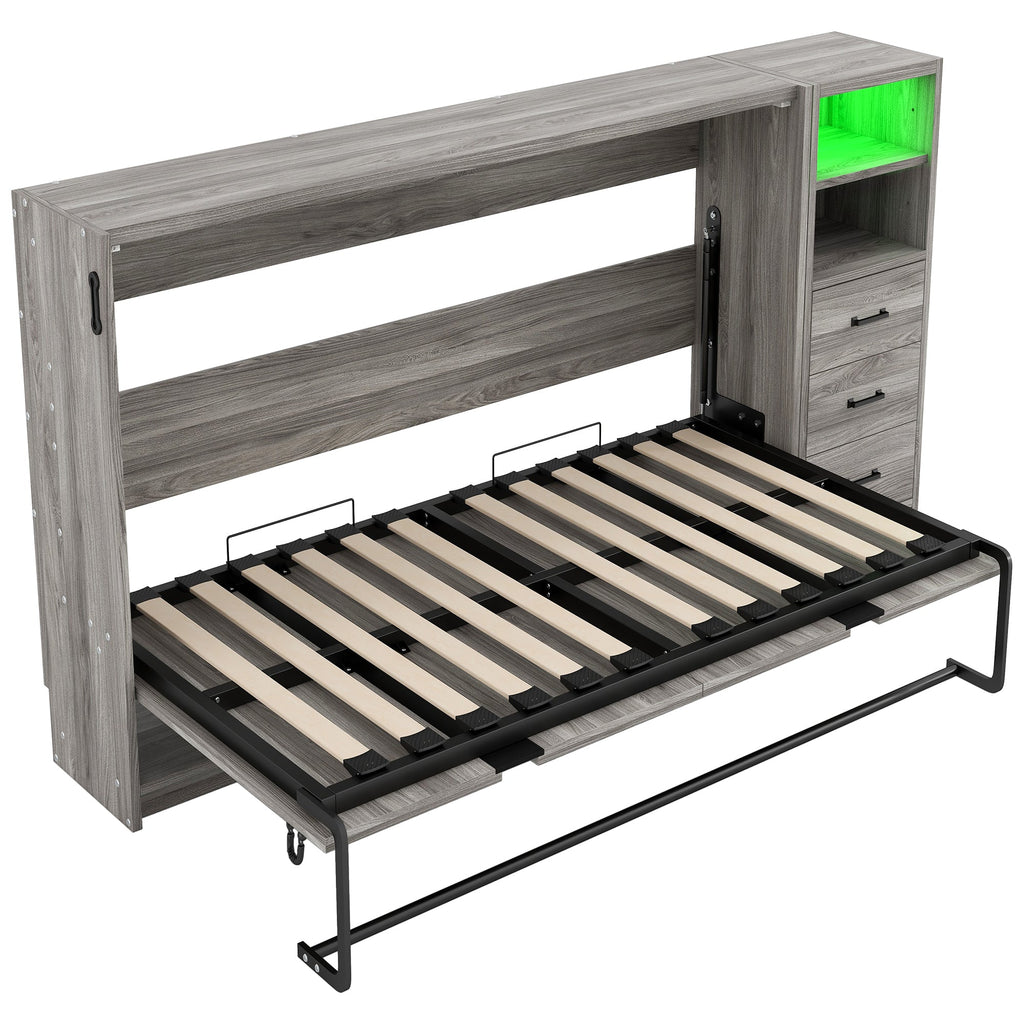 Twin Size Murphy Bed with Drawers and LED Light, can be Folded into a Cabinet, Gray