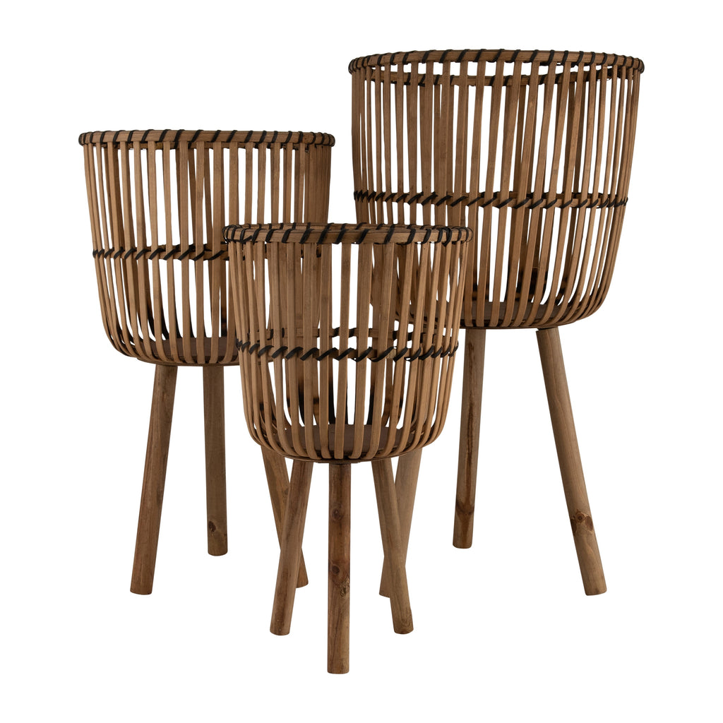 S/3 BAMBOO FOOTED PLANTERS 11/13/15', NATURAL