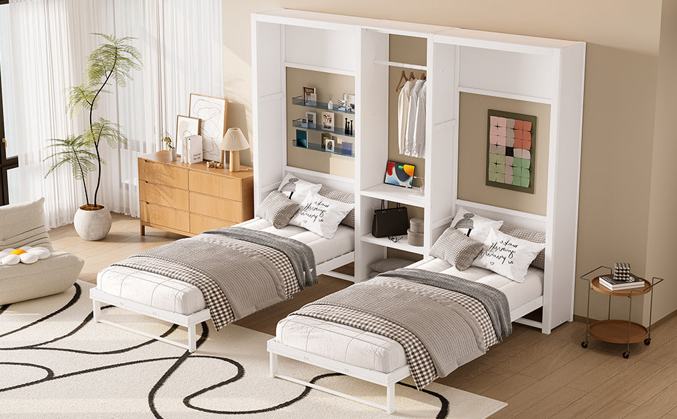 Twin and Twin Murphy Bed, Metal Foldable Murphy Bed with Wardrobe, Shelves and Power Outlets, 2 in 1 Design, Space-saving, White