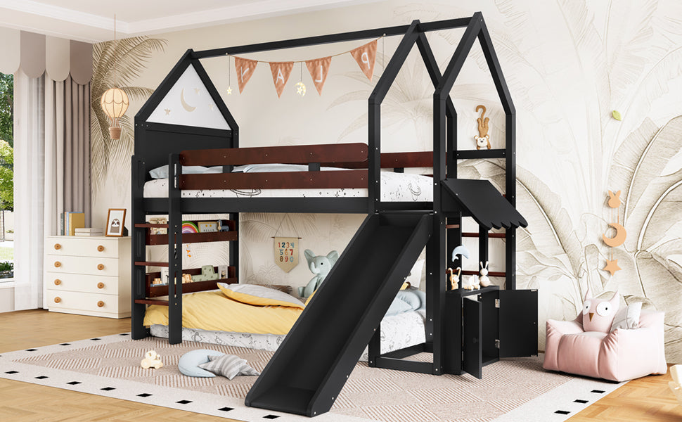 Twin Size Loft Bed with Bookshelf Playful Design for Kids House-Shaped Structure with Slide High-Quality Safety Rails,Beige/Natural /Black