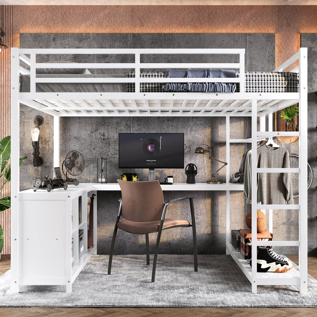 Metal Loft Bed with Wardrobe and L-shaped Desk, Queen Size Loft Bed with Storage Cubes and Shelves, Loft Bed for Kids Teens Adults, White