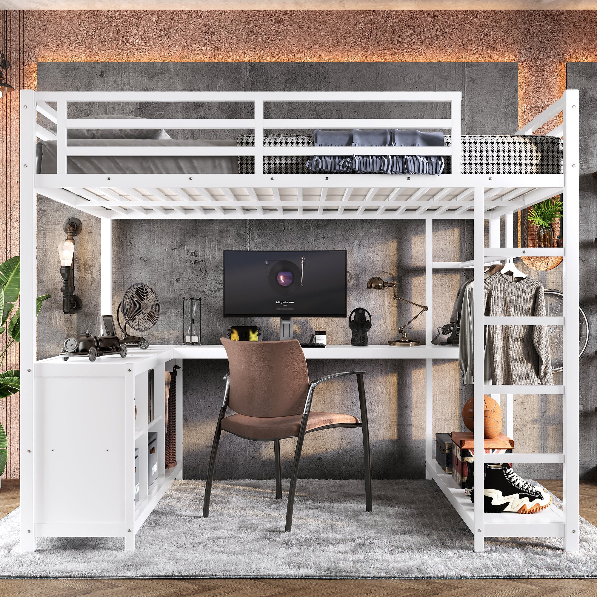 Metal Loft Bed with Wardrobe and L-shaped Desk, Queen Size Loft Bed with Storage Cubes and Shelves, Loft Bed for Kids Teens Adults, White