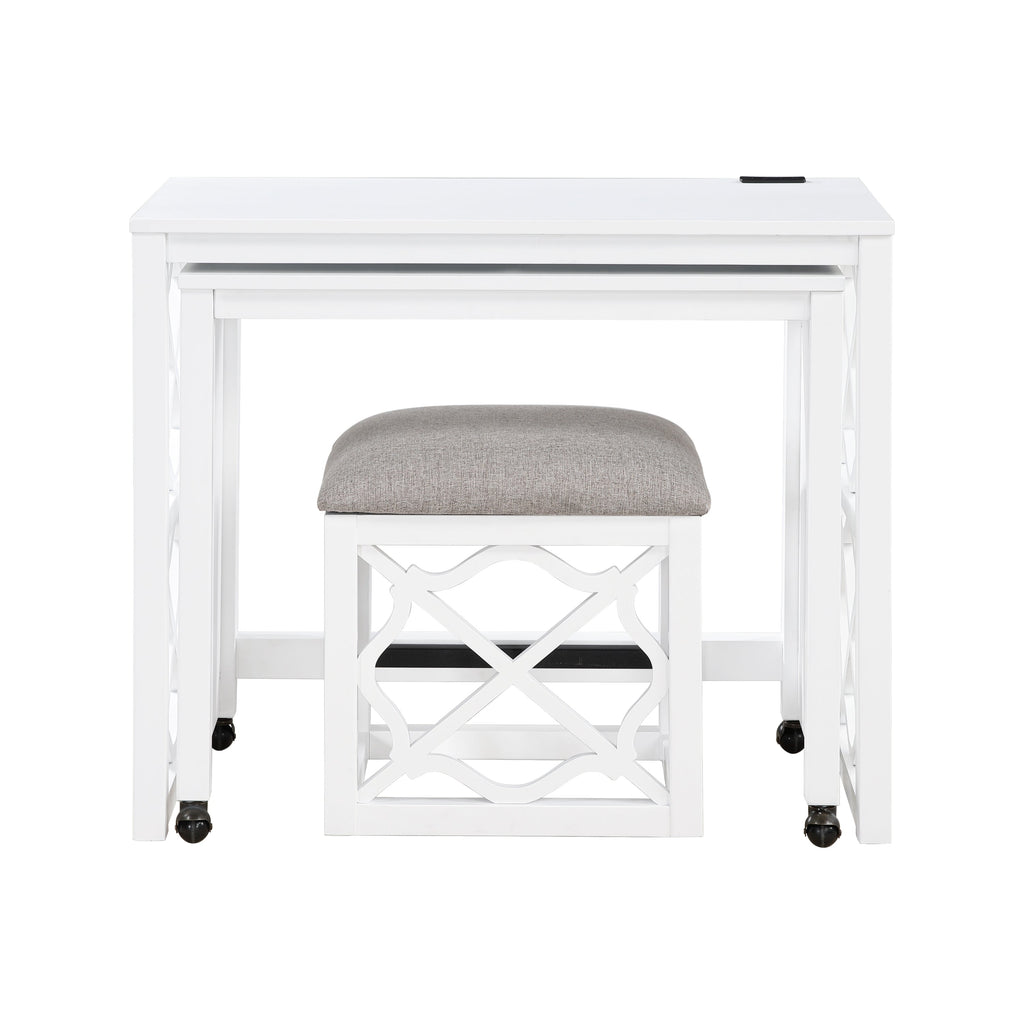 Desks and Stool Set 3pc White Finish Rolling Desk with Casters, 2 Charging ports Home Office Furniture