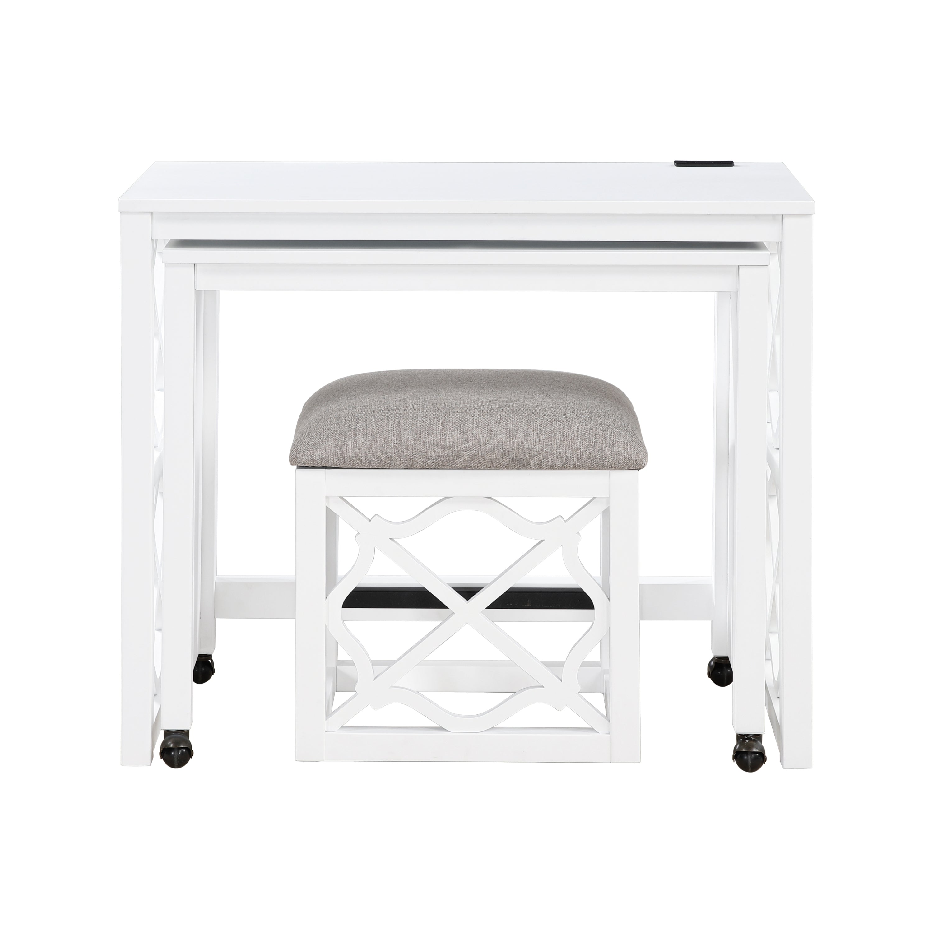 Desks and Stool Set 3pc White Finish Rolling Desk with Casters, 2 Charging ports Home Office Furniture