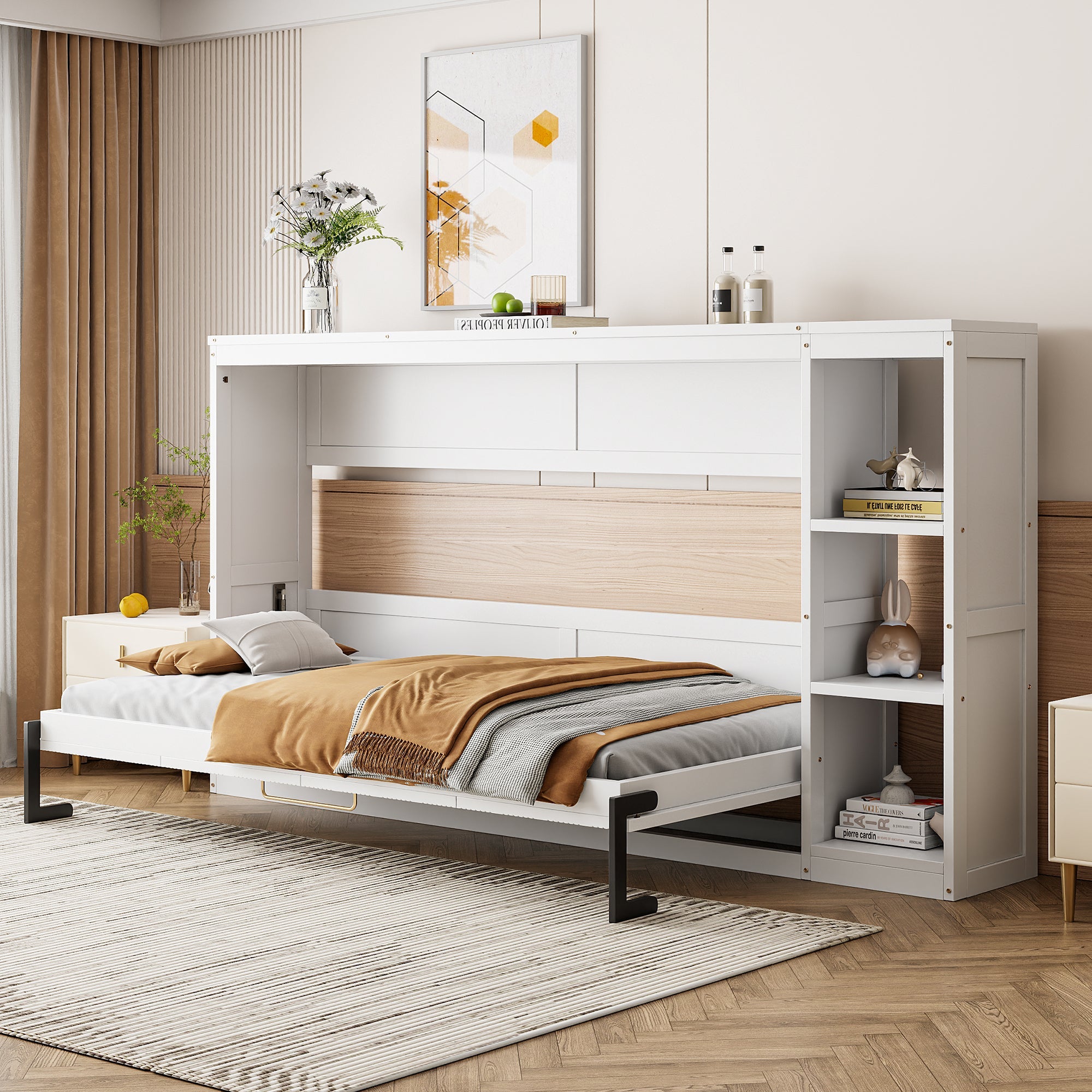 Twin Size Murphy Bed with Bookshelf, White