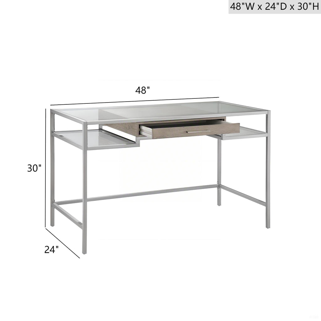 Adela Writing Desk Contemporary Style Silver Finish Metal and Tempered Glass 48 x 24 Inches