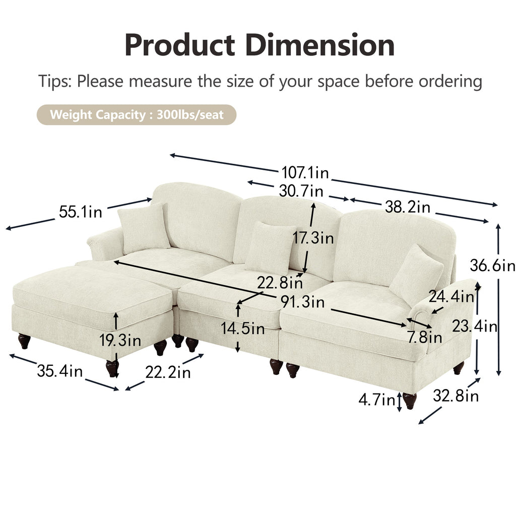 Mid Century Three Seater Modular L Shaped Sectional Couch with Flared Arms and Removable Ruffles Pleats Skirts and Spindle Legs, Comfy Chenille 3-Seat Deep Seat Sofa with Movable Ottoman, Beige White