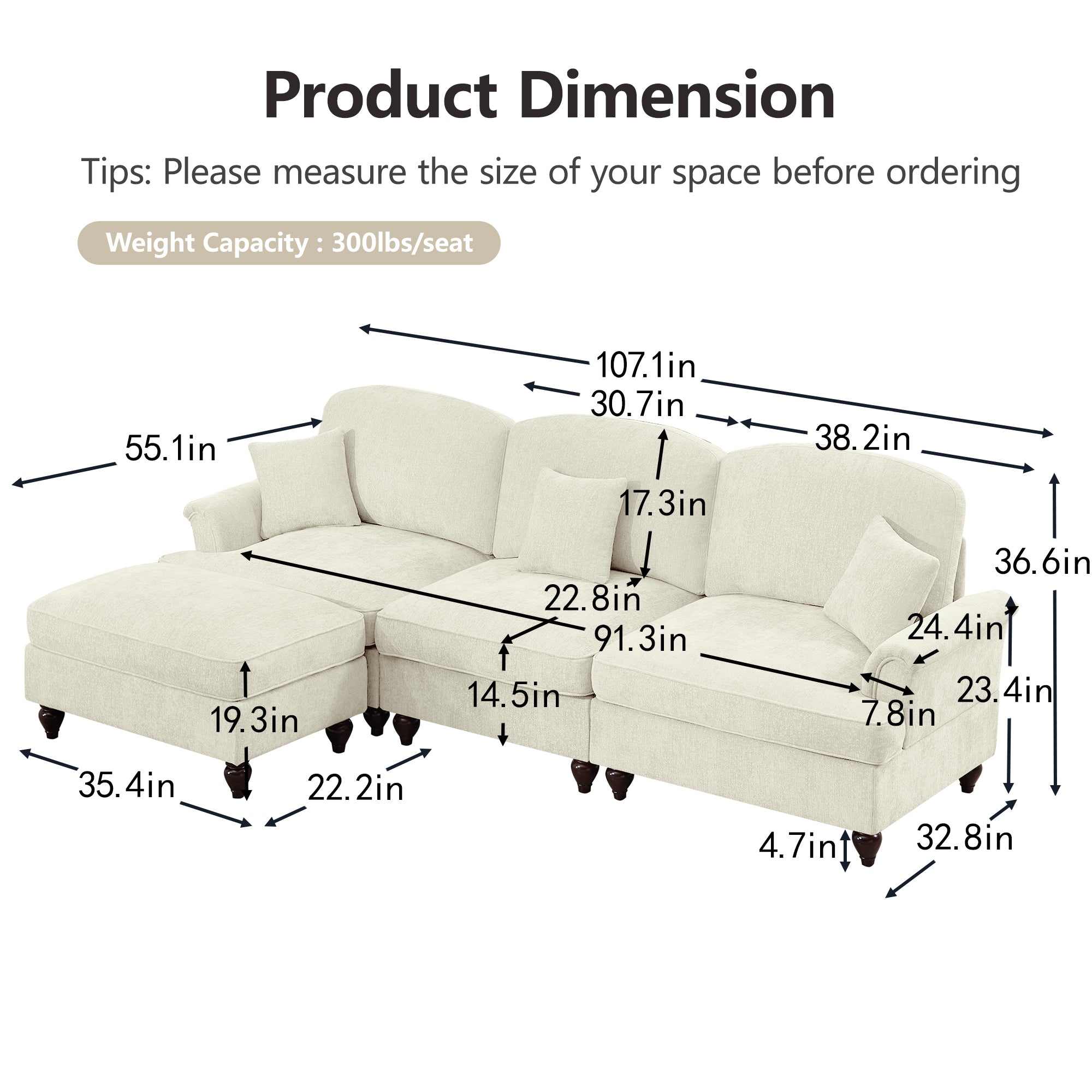 Mid Century Three Seater Modular L Shaped Sectional Couch with Flared Arms and Removable Ruffles Pleats Skirts and Spindle Legs, Comfy Chenille 3-Seat Deep Seat Sofa with Movable Ottoman, Beige White