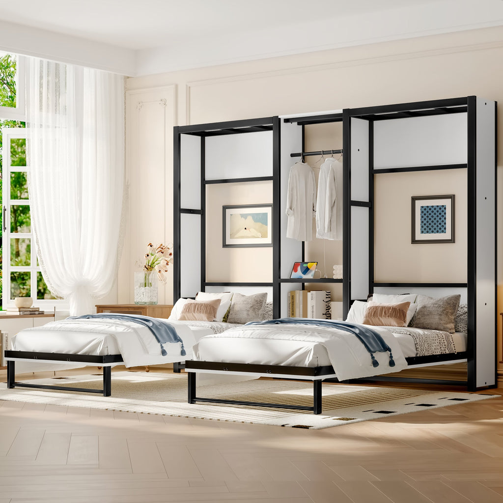 Twin and Twin Murphy Bed, Metal Foldable Murphy Bed with Wardrobe, Shelves and Power Outlets, 2 in 1 Design, Space-saving, White