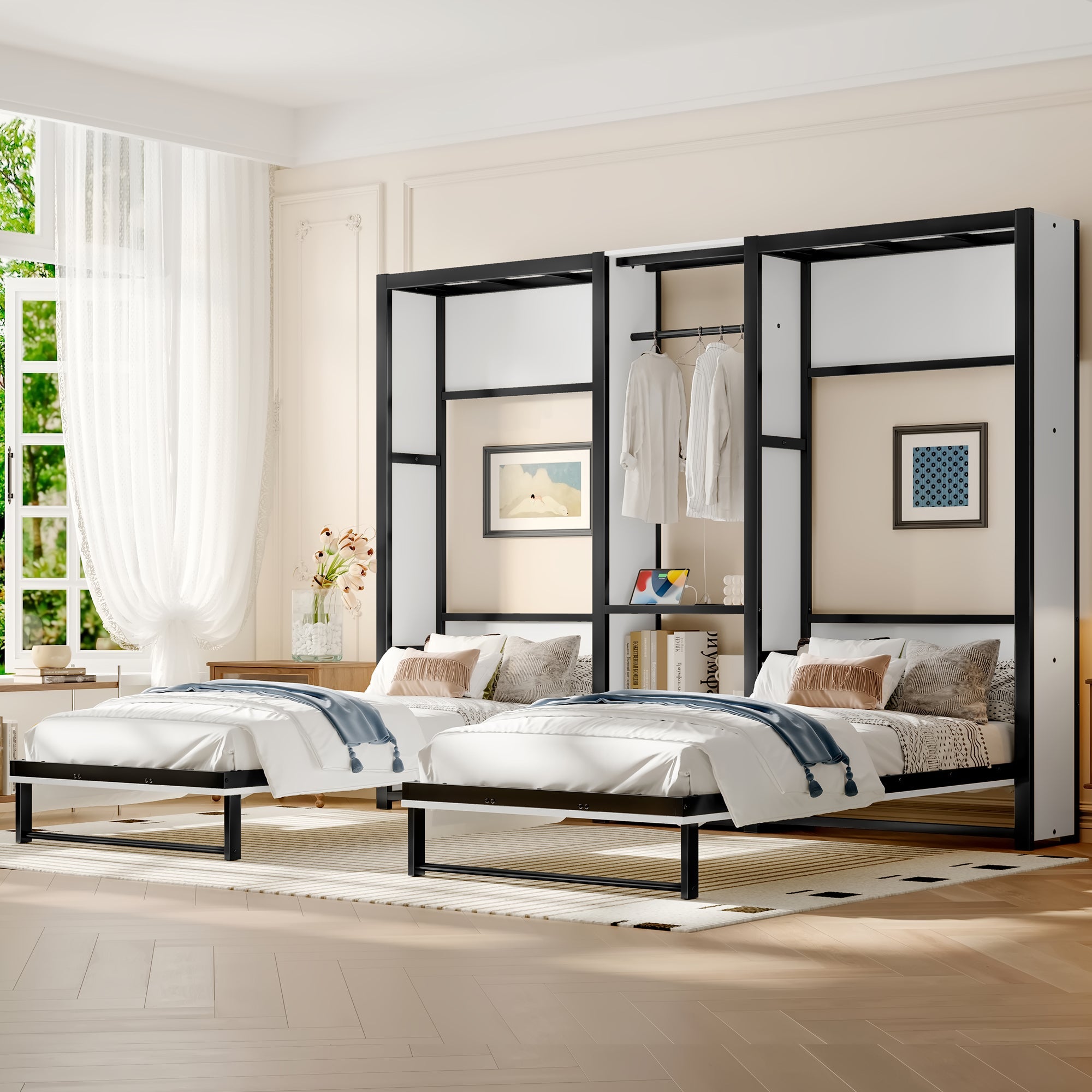 Twin and Twin Murphy Bed, Metal Foldable Murphy Bed with Wardrobe, Shelves and Power Outlets, 2 in 1 Design, Space-saving, White