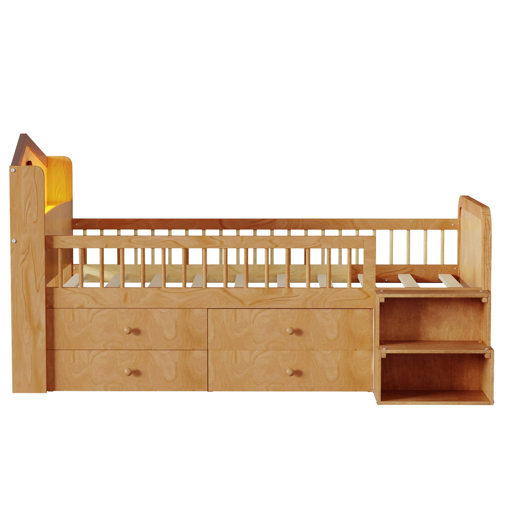 Low Loft Bed with LED Lights, Wooden Twin Loft Bed with House Shape Headboard, Kids Loft Bed with Storage Drawers, Natural (Expect Arrival Date 2025/1/20)
