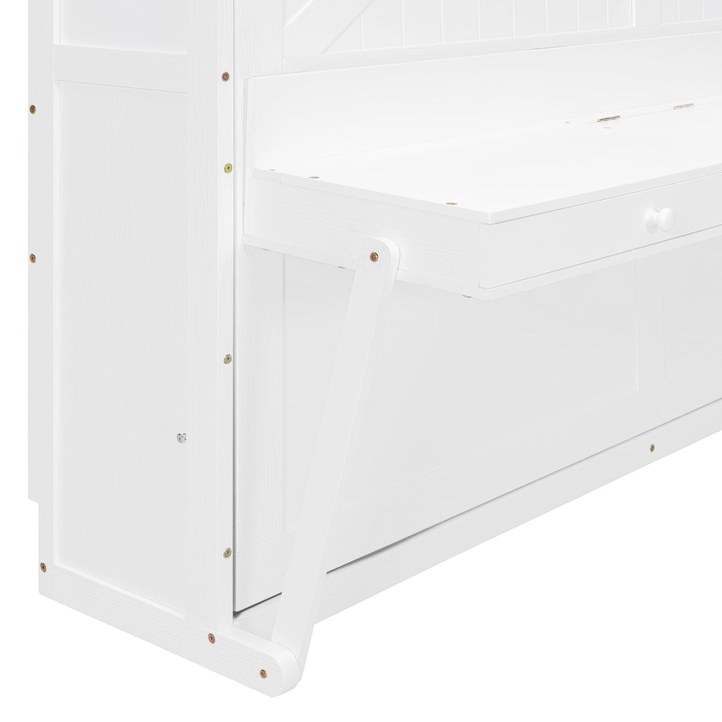 Queen Size Wall Murphy Bed with Storage, Foldable Cabinet Bed with Vanity Desk, Center Mirror & 2 Side Drawers, White