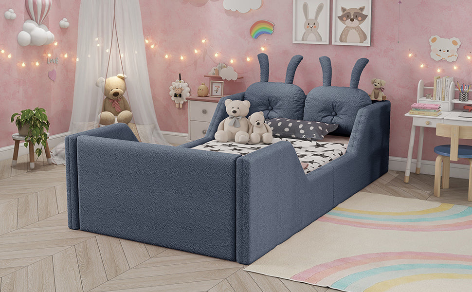Twin Size Upholstered Platform Bed with Rabbit Cushion, Kids Floor Upholstered Bed with Removable Side Rails, Gray(Expect Arrival Date 2025/1/15)