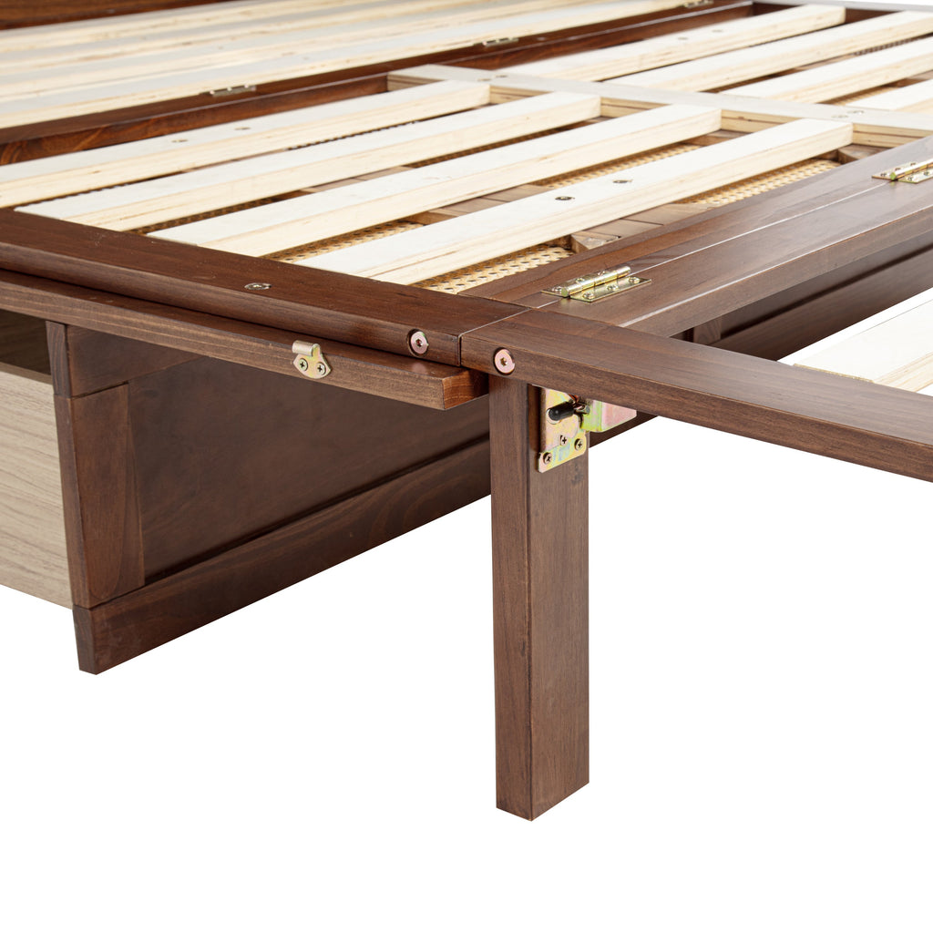 Queen Size Murphy Bed, Pine Wood Cabinet Bed with Power Station and Rattan Decoration Panel,Walnut