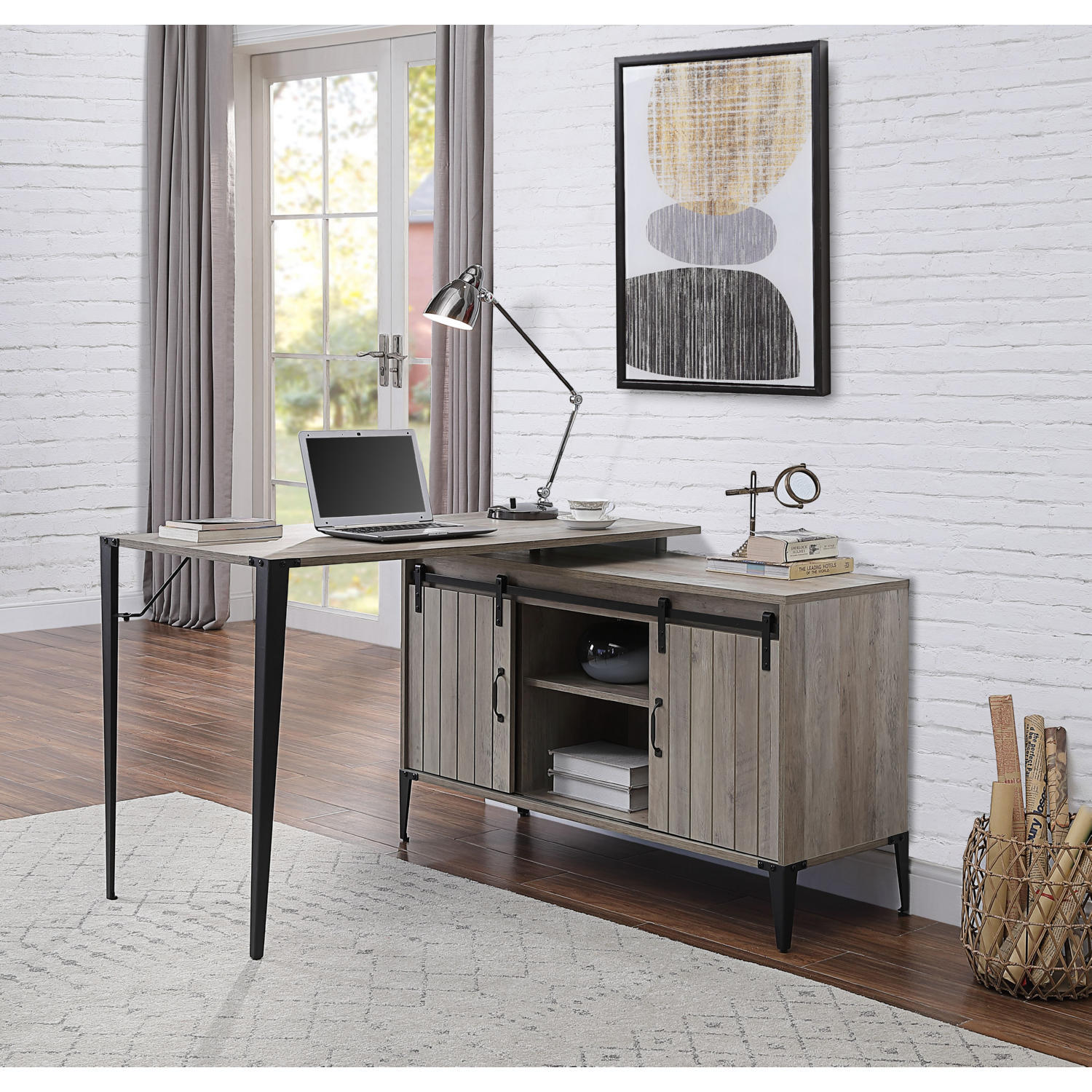 L-Shape Writing Desk with Side Cabinet, Gray Oak and Black