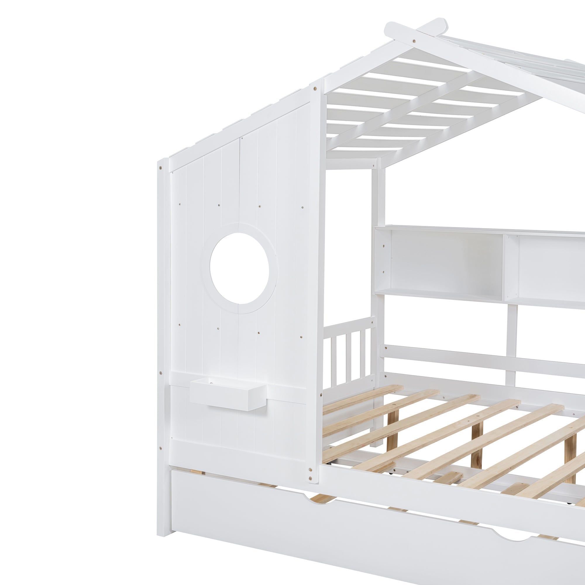 Wooden Full Size House Bed With Trundle, Modern Design for Kids with Storage Shlef, White(old SKU HL000095AAW)