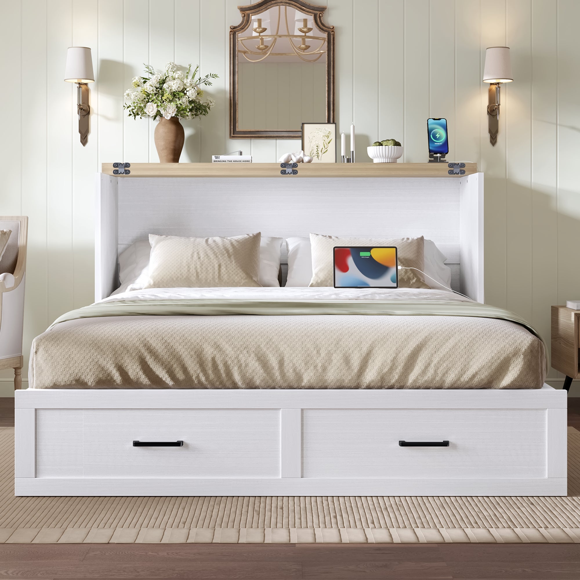 Murphy Bed Cabinet Queen Size with Charging Station, Multi-Functional Foldable Platform Bed with 1 Large Storage Drawer for Guest Room, Small Bedroom, White