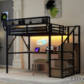 Full Loft Bed with Desk and Charging Station, Full Size Metal Loft Bed with Stairs and Light for Kids Teens, Black, Patent Products