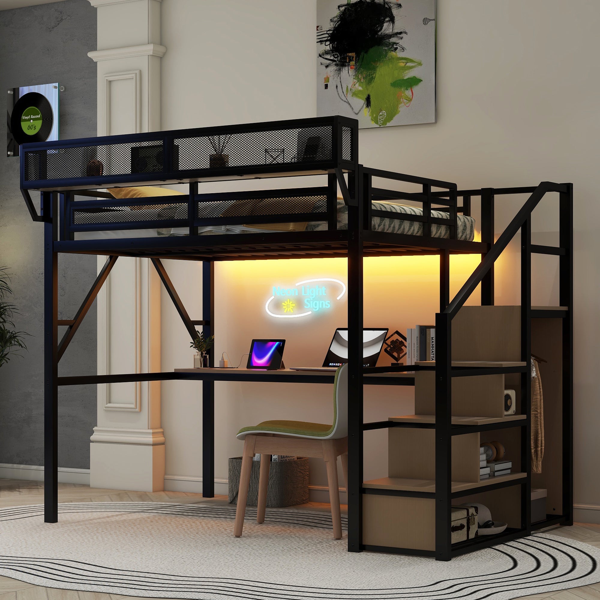 Full Loft Bed with Desk and Charging Station, Full Size Metal Loft Bed with Stairs and Light for Kids Teens, Black, Patent Products
